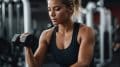 Athletic woman doing barbell curls