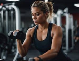 Athletic woman doing barbell curls