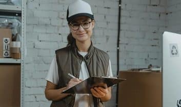 Woman in hard hat with clipboard